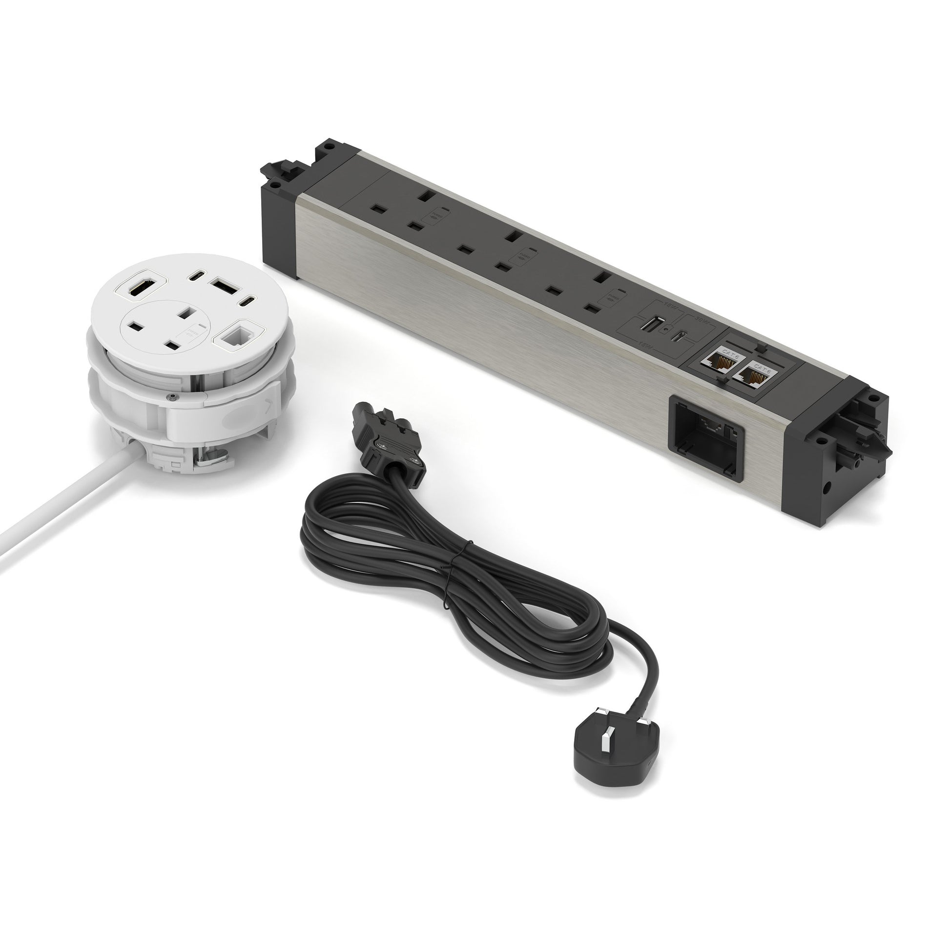 Volta Power Kit - Desktop Cable Port Module + Under Desk Module + Mains Cable UK Plug - Total 4xSocket/ 2xUSBa/ 3xUSBc/ 1xHDMI/ 3xCAT6